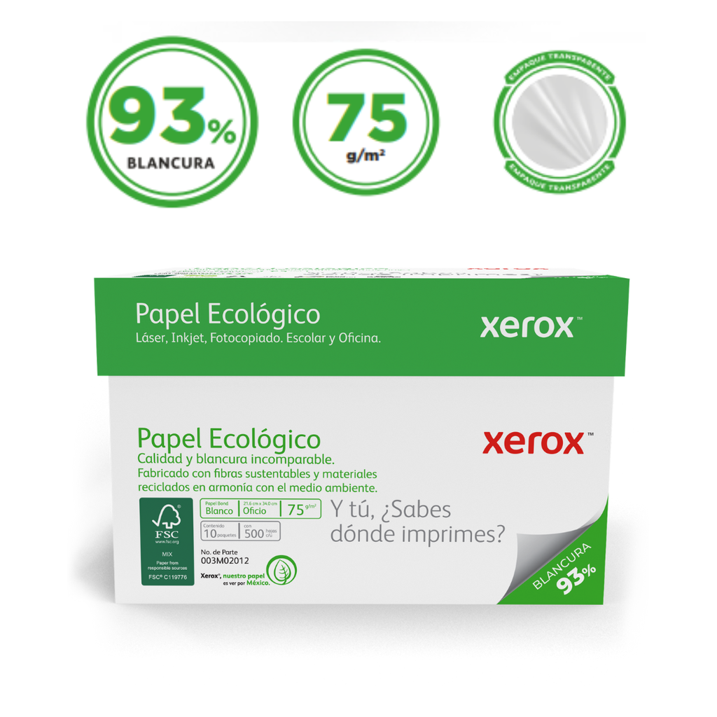 Papel Bond Xerox Ecológico Oficio 75 g/m² 93% de Blancura Caja con 10 Paquetes de 500 Hojas c/u