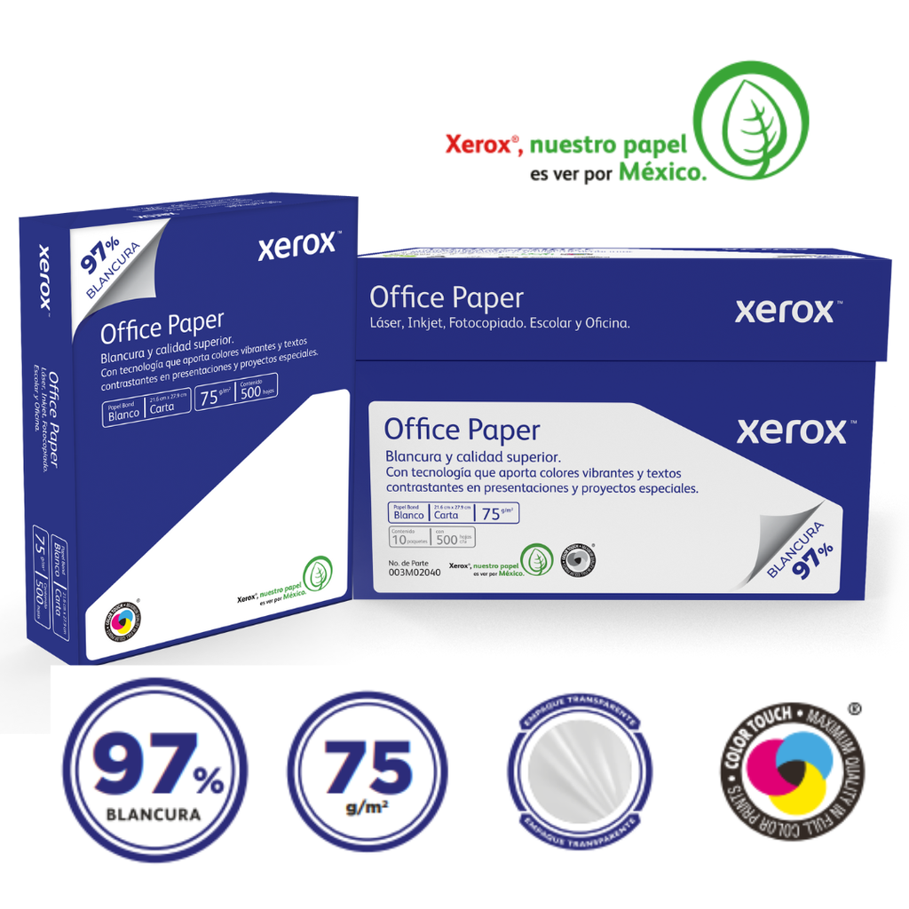 Papel Bond Xerox Office Paper Carta 75 g/m² 97% de Blancura Caja con 10 Paquetes de 500 Hojas c/u