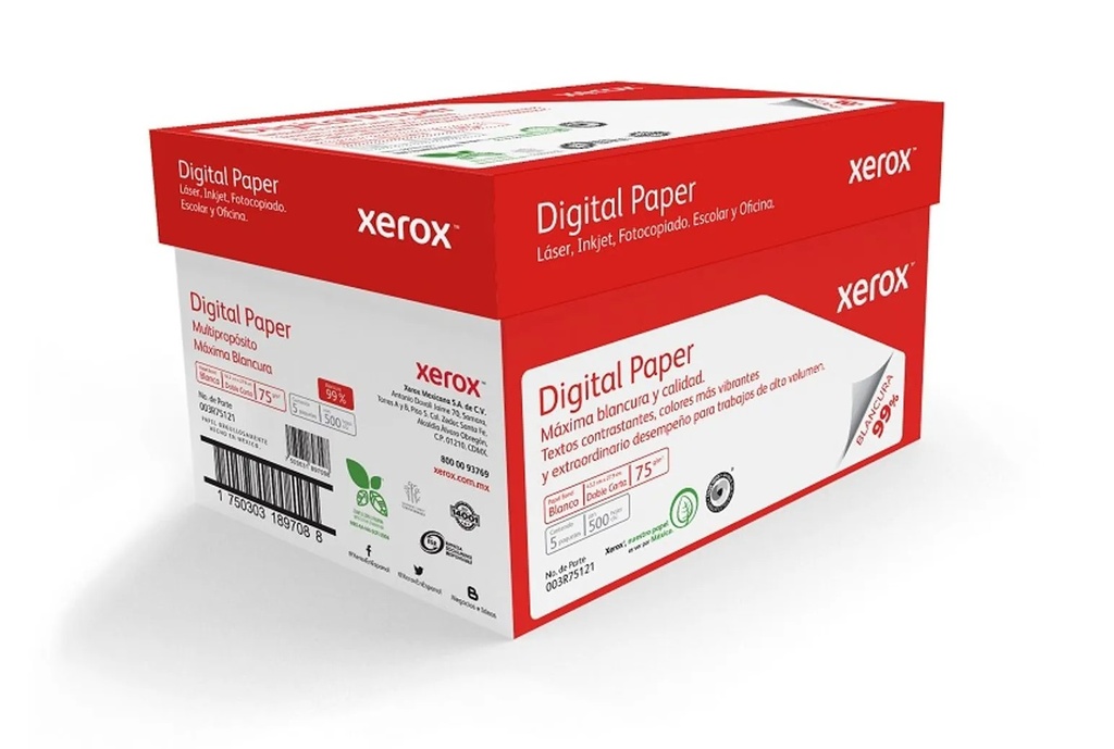 Papel Bond Xerox Digital Paper Doble Carta 75 g/m² 99% de Blancura Caja con 5 Paquetes de 500 Hojas c/u