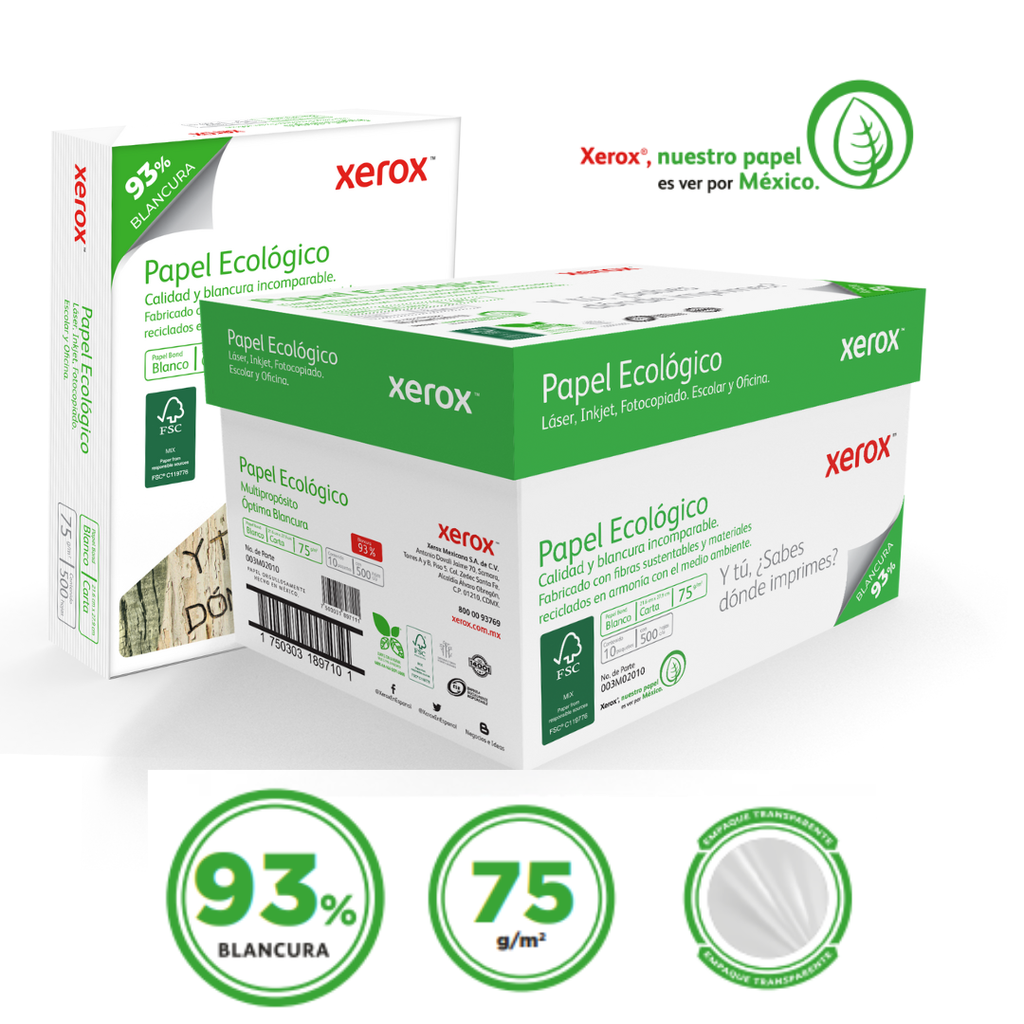 Papel Bond Xerox Ecológico Carta 75 g/m² 93% de Blancura Caja con 10 Paquetes de 500 Hojas c/u