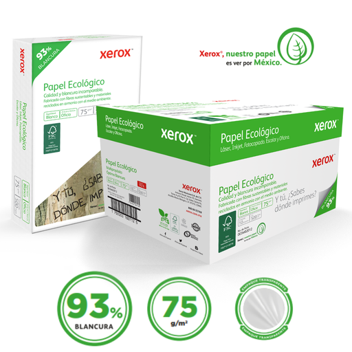 [3M2012 CAJA] Papel Bond Xerox Ecológico Oficio 75 g/m² 93% de Blancura Caja con 10 Paquetes de 500 Hojas c/u