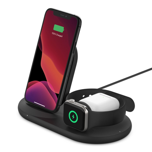 [WIZ001TTBK] Belkin BOOST CHARGE 3-in-1 Auriculares, Smartphone, Reloj inteligente Negro USB Cargador inalámbrico Interior